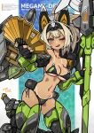  1girl armored_boots bikini black_bikini blonde_hair boots breasts fingerless_gloves gloves green_eyes hand_fan high_ponytail highres holding holding_weapon licking_lips looking_at_viewer mecha_musume mechanical_ears medium_breasts medium_hair megami_device nancou_(nankou) navel one_eye_closed solo standing strapless strapless_bikini swimsuit tan tanlines tongue tongue_out weapon 