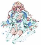  absurdres blonde_hair blue_hair boots foreshortening hands highres long_hair macross macross_frontier macross_frontier:_itsuwari_no_utahime mamezuka_takashi sheryl_nome solo thigh_boots thighhighs 