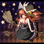  alternate_costume argyle argyle_background bare_shoulders bat_wings breasts broom broom_riding cleavage corset dress frilled_dress frills halloween hat head_wings highres jack-o'-lantern koakuma long_hair medium_breasts midoriiro_no_shinzou pumpkin red_eyes red_hair scythe sidesaddle smile solo touhou wings witch witch_hat 