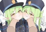  2girls black_hat black_jacket blue_archive blush buttons closed_mouth commentary_request double-breasted gloves green_hair hand_on_another&#039;s_cheek hand_on_another&#039;s_face hand_up hat hell.k highres hikari_(blue_archive) jacket long_hair long_sleeves looking_at_viewer multiple_girls nozomi_(blue_archive) peaked_cap pointy_ears pov pov_hands puffy_cheeks sidelocks simple_background twintails upper_body v white_background white_gloves yellow_eyes 