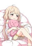  1girl ahoge bare_shoulders bean_bag_chair bike_shorts blonde_hair blush brown_eyes character_name crossed_legs dot_nose feet_out_of_frame futaba_anzu hair_tie hugging_doll hugging_object idolmaster idolmaster_cinderella_girls kuresuku_(lessons) long_hair looking_to_the_side low_twintails oversized_clothes oversized_shirt pink_stuffed_animal shirt short_hair sidelocks sitting solo stuffed_animal stuffed_rabbit stuffed_toy sweat twintails v-shaped_eyebrows wavy_mouth 