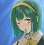  1girl ;) blush bow bowtie finger_to_mouth fingernails green_hair hairband idolmaster idolmaster_(classic) looking_at_viewer mole mole_under_mouth nail_polish one_eye_closed otonashi_kotori red_eyes short_hair smile solo y_sir yellow_bow yellow_bowtie yellow_hairband 