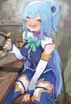  1girl aqua_(konosuba) blue_eyes blue_hair blue_shirt blue_skirt blush breasts detached_sleeves drunk hair_rings highres kono_subarashii_sekai_ni_shukufuku_wo! looking_at_viewer medium_breasts pocche-ex restaurant shirt sitting skirt smile solo wooden_cup zettai_ryouiki 