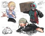  2boys 3girls :3 \m/ armor arthur_morgan belt black_bodysuit black_dress black_gloves black_necktie black_skirt blonde_hair blue_shirt blush bodysuit box breasts brown_hair cardboard_box carrying_over_shoulder character_request check_character check_copyright copyright_request covered_face cropped_legs doodle_inset dress gloves green_eyes grey_eyes hariyama helmet highres holding holding_box idolmaster idolmaster_cinderella_girls kamen_rider kamen_rider_2 kill_la_kill kiryuuin_satsuki large_breasts lying maka_albarn multiple_boys multiple_girls necktie on_stomach open_mouth pointing pointing_at_viewer pokemon pokemon_(creature) red_belt red_dead_redemption_2 red_scarf request_inset scarf shiomi_syuko shirt short_dress short_hair simple_background skirt sleeve_cuffs sleeves_past_elbows soul_eater striped_clothes striped_shirt sweat tirarizun top-down_bottom-up twintails v-shaped_eyebrows white_background white_gloves wide-eyed 