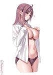  1girl areola_slip bow bow_panties breasts brown_eyes collared_shirt commentary_request cropped_legs dress_shirt ebifurya hagikaze_(kancolle) heart highres kantai_collection large_breasts looking_at_viewer navel one-hour_drawing_challenge open_clothes open_shirt panties purple_hair purple_panties shirt simple_background solo twitter_username underwear white_background white_shirt 