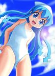  blue_eyes blue_hair day hat ikamusume long_hair one-piece_swimsuit open_mouth shinryaku!_ikamusume solo swimsuit tentacle_hair tentacles white_swimsuit yuzeto 