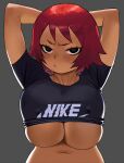  1girl arms_behind_head black_eyes black_skirt blush breast_press breasts cessa clothes_lift covered_nipples dark-skinned_female dark_skin embarrassed grey_background highres kim_pine large_breasts looking_at_viewer midriff navel red_hair scott_pilgrim_(series) short_eyebrows simple_background skirt solo stomach upper_body v-shaped_eyebrows 