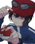  1boy black-framed_eyewear black_hair blue_jacket bracelet calem_(pokemon) closed_mouth fingernails grey_eyes hair_between_eyes hand_on_headwear hands_up hat highres holding holding_poke_ball jacket jewelry long_sleeves male_focus poke_ball poke_ball_(basic) pokemon pokemon_xy red_hat short_hair solo sunglasses tsukimi_(tkm_516) upper_body white_background zipper_pull_tab 