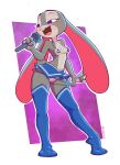 anthro bikini bottomwear breasts clothing clothing_aside disney electronics female hi_res judy_hopps lagomorph legwear leporid lilidae mammal micro_bikini microphone open_mouth panties panties_aside rabbit simple_background singing skirt small_breasts solo swimwear thigh_highs thong underwear underwear_aside zootopia