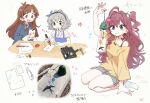  3girls :3 ahoge antenna_hair blazer blue_hairband blush boxcutter brown_hair drawing_(action) drawing_(object) grey_hair hairband highres holding holding_marker ichinose_shiki idolmaster idolmaster_cinderella_girls jacket kneeling long_hair marker multiple_girls narumiya_yume nendo23 one_side_up pencil photo_inset purple_hair school_uniform short_hair smile tsujino_akari very_long_hair 