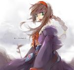  ahiru777 bad_id bad_pixiv_id braid brown_hair copyright_name dress green_eyes hairband juliet_sleeves long_hair long_sleeves open_mouth puffy_sleeves purple_dress red_hairband smile solo virginia_maxwell wild_arms wild_arms_3 