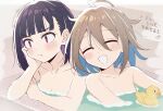  2girls absurdres ahoge bathtub black_hair blue_hair blunt_bangs blush brown_hair closed_eyes closed_mouth colored_inner_hair do_it_yourself!! head_rest highres medium_hair meiji_(meizi493) multicolored_hair multiple_girls nude open_mouth partially_submerged pout purple_hair red_eyes rubber_duck same-sex_bathing shared_bathing smile suride_miku upper_body yua_serufu 