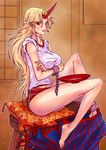  alcohol bad_id bad_pixiv_id barefoot blonde_hair breasts buruma chain cuffs cup error feet horn hoshiguma_yuugi large_breasts legs long_hair long_legs pillow poruhi red_eyes sakazuki sake skirt skirt_around_ankles solo thighs touhou 