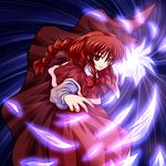  bow braid cape danmaku dress fue_(fuef) glowing long_hair okazaki_yumemi red_eyes red_hair solo touhou touhou_(pc-98) 