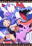  1girl :d absurdres backpack bag bike_shorts black_shirt blue_eyes blue_hair blush clenched_hand commentary_request espeon eyelashes feraligatr flipped_hair hat highres holding holding_poke_ball jacket knees kris_(pokemon) lower_teeth_only open_clothes open_jacket open_mouth outstretched_arm poke_ball pokemon pokemon_(creature) pokemon_gsc pon_yui shirt smile sprite teeth togetic tongue twintails white_jacket yellow_bag yellow_hat 