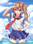  1girl blue_bra blue_eyes blue_sailor_collar blue_skirt blue_sky bra brown_hair cloud cloudy_sky collarbone cumulonimbus_cloud floating_clothes hair_between_eyes hair_ornament hairclip hand_on_own_head hand_on_own_hip highres hirorinwelcome light_blush long_hair looking_at_viewer neckerchief ocean open_mouth original pleated_skirt red_neckerchief sailor_collar school_uniform see-through serafuku shading_eyes shirt side_ponytail sidelocks skirt sky standing standing_on_liquid underwear wet wet_clothes white_shirt 