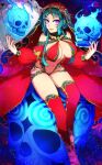  1girl :d arabian_clothes bare_shoulders bikini braid breasts cleavage commentary_request cross-laced_sandals detached_sleeves earrings fate/grand_order fate_(series) flaming_skull floating_skull full_body gem giant_skull green_gemstone green_hair harem_outfit highres jewelry large_breasts long_hair looking_at_viewer low_twin_braids navel necklace neo_kabocha no_mole open_mouth parted_bangs partial_commentary purple_eyes red_bikini red_sleeves red_thighhighs red_veil salome_(fate) sidelocks sitting skull smile solo stomach swimsuit thighhighs twin_braids veil 