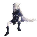  1girl absurdres animal_ears arknights black_gloves blue_eyes boots evil_grin evil_smile full_body gloves grey_hair grey_tail grin highres kotowaza lappland_(arknights) lappland_(refined_horrormare)_(arknights) long_hair scar scar_across_eye simple_background sitting skull smile solo tail white_background wolf_ears wolf_girl wolf_tail 