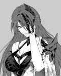  acheron_(honkai:_star_rail) armor black_choker breasts choker cleavage closed_mouth gloves greyscale hair_ornament hair_over_one_eye halterneck hand_on_own_face hand_over_eye highres honkai:_star_rail honkai_(series) large_breasts long_hair looking_at_viewer luxearte monochrome shoulder_armor single_bare_shoulder single_glove 