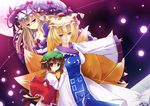  animal_ears blonde_hair bow breasts brown_eyes brown_hair cat_ears cat_tail chen cleavage eyes fox_tail gap hair_bow hat hat_ribbon hug large_breasts long_hair multiple_girls multiple_tails natsumikan ribbon short_hair tail touhou umbrella yakumo_ran yakumo_yukari yellow_eyes 