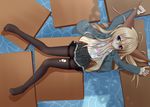  alternate_costume blonde_hair bra contemporary desk ibuki_suika lingerie long_hair lying on_back open_clothes open_shirt pantyhose purple_eyes school_desk school_uniform shirt solo thighband_pantyhose torn_clothes torn_legwear touhou underwear untied water yoye_(pastel_white) 