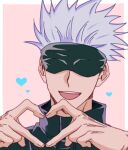  1boy bad_id bad_twitter_id black_jacket blindfold close-up commentary gojou_satoru grey_hair heart heart_hands high_collar jacket jujutsu_kaisen jujutsu_tech_uniform male_focus nackseojang open_mouth pink_background short_hair simple_background smile solo spiked_hair symbol-only_commentary teeth upper_teeth_only white_hair 