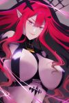  1girl baobhan_sith_(fate) baobhan_sith_(second_ascension)_(fate) bare_shoulders breasts closed_mouth covered_nipples detached_sleeves fate/grand_order fate_(series) grey_background grey_eyes highres large_breasts long_hair navel petori1902 pointy_ears red_hair revealing_clothes sidelocks smile solo upper_body veil 