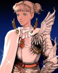  1girl armor berserk blonde_hair blue_background blue_eyes braid cape commentary_request cosplay farnese_(berserk) griffith_(berserk) griffith_(berserk)_(cosplay) nisino2222 profile short_twintails solo sparkle twintails upper_body white_cape 