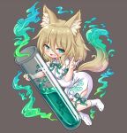  animal_ears arinu aura commentary_request corked_bottle fox_ears fox_shadow_puppet fox_tail green_eyes green_ribbon grey_background highres holding holding_test_tube kudamaki_tsukasa light_brown_hair mandarin_collar medium_hair open_mouth ribbon simple_background socks tabi tail test_tube touhou white_romper white_socks 