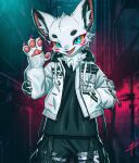 2023 absurd_res anthro blaedic blue_eyes bomber_jacket canid canine cheek_tuft chest_tuft claw_glint claws clothed clothing facial_tuft fangs front_view fully_clothed gesture glint glistening glistening_claws hand_in_pocket hi_res inner_ear_fluff jacket machine56 makura_(pixer3575) male male_anthro mammal open_mouth open_smile orange_sclera pawpads pink_claws pink_pawpads pockets portrait smile solo standing teeth three-quarter_portrait topwear tuft waving waving_at_viewer white_clothing white_jacket white_topwear zipper
