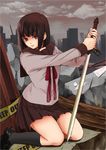  bad_id bad_pixiv_id brown_eyes brown_hair cloud lips original ruins school_uniform short_hair sitting skirt solo starride sword weapon 