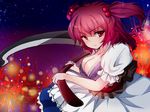  bad_id bad_pixiv_id breasts cleavage hair_bobbles hair_ornament large_breasts onozuka_komachi parody red_eyes red_hair scythe short_hair shromann solo style_parody touhou two_side_up 