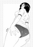  ass ass_grab blush breasts buruma dr.p from_behind from_below glasses grabbing_own_ass greyscale gym_uniform large_breasts looking_back monochrome original short_hair solo 