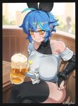  1girl alcohol beer beer_mug black_hairband black_thighhighs blue_hair breasts crossed_legs cup dif_(difman) elbow_gloves gloves hair_between_eyes hairband highres large_breasts mini_person mole mole_under_eye mug multicolored_hair original short_hair sin_(sintrybest) sitting size_difference streaked_hair thighhighs yellow_eyes 