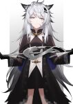  1girl absurdres animal_ears arknights black_coat black_dress black_gloves border buttons closed_mouth coat cowboy_shot cross dress expressionless gloves gradient_background grey_background grey_eyes grey_hair half-closed_eyes highres holding holding_weapon kouyadoufu lappland_(arknights) latin_cross long_hair long_sleeves looking_at_viewer open_clothes open_coat outside_border scar scar_across_eye short_dress solo split_mouth standing very_long_hair weapon white_border wolf_ears wolf_girl 