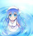  blue_eyes blue_hair dress face hat ikamusume long_hair looking_up shinryaku!_ikamusume solo tentacle_hair tentacles yuh 