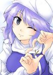  bad_id bad_pixiv_id hands hat heart heart_hands highres letty_whiterock light_smile makaze_(t-junction) one_eye_closed purple_eyes purple_hair short_hair smile solo touhou 