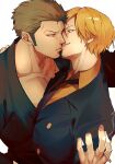  2boys absurdres blonde_hair cigarette couple facial_hair from_side green_hair highres holding holding_cigarette japanese_clothes kimono kiss looking_at_viewer male_focus mlh7q multiple_boys muscular muscular_male mustache_stubble one_piece pectoral_cleavage pectorals roronoa_zoro sanji_(one_piece) short_hair smirk stubble suit upper_body yaoi 