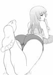  ass bangs barefoot blunt_bangs copyright_request dr.p feet food greyscale legs legs_up long_hair looking_back lying monochrome on_stomach pillow popsicle pov_feet short_shorts shorts soles solo tank_top toes 