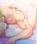  2boys bara blonde_hair couple daken_(zorosan_lover) facial_hair feet_out_of_frame goatee green_hair hair_over_eyes head_out_of_frame highres implied_sex knee_up large_pectorals long_sideburns lying_on_person male_focus multiple_boys muscular muscular_male mustache_stubble nude on_bed one_piece pectoral_docking pectoral_press pectorals protected_link roronoa_zoro sanji_(one_piece) short_hair sideburns stubble yaoi 