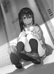  1girl :o apartment ass bag blush commentary_request crossed_bangs door door_handle dot_nose emblem full_body greyscale hair_between_eyes hand_rest hands_on_own_cheeks hands_on_own_face kantoku kneehighs knees_to_chest knees_up loafers long_bangs looking_at_viewer looking_to_the_side monochrome official_art on_floor otonari-san_(sasaki_to_p-chan) own_hands_together parted_lips pleated_skirt sasaki_to_p-chan school_bag school_uniform serafuku shadow shoe_soles shoes side_ponytail sitting skirt socks solo thighs tile_wall tiles toes_up 