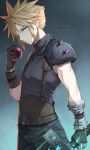  1boy armor black_gloves black_pants blonde_hair blue_eyes cloud_strife commentary_request final_fantasy final_fantasy_vii gloves glowing grey_sweater hair_between_eyes half-closed_eyes hand_up highres holding holding_sword holding_weapon looking_at_viewer male_focus nekozuki_yuki orb pants parted_lips pauldrons shoulder_armor single_pauldron sleeveless sleeveless_sweater sleeveless_turtleneck solo sweater sword turtleneck turtleneck_sweater twitter_username watermark weapon 