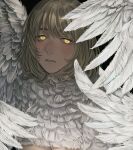  1girl black_background blonde_hair commentary dungeon_meshi expressionless falin_touden falin_touden_(chimera) feathered_wings feathers glowing glowing_eyes highres looking_at_viewer monster_girl parted_lips portrait sasakura34 short_hair slit_pupils solo spoilers white_wings wings yellow_eyes 