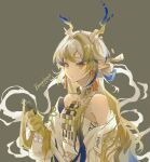  1girl arknights bare_shoulders blonde_hair blue_eyes chinese_commentary closed_mouth commentary_request dated dragon_girl dragon_horns earrings expressionless grey_background grey_eyes grey_hair hair_intakes highres horns jacket jewelry long_hair looking_at_viewer necklace off_shoulder open_clothes open_jacket pointy_ears shu_(arknights) signature simple_background sketch solo strapless tube_top upper_body white_jacket white_tube_top zhutongfan 