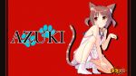  1girl :3 \||/ animal_ear_fluff animal_ears ass_visible_through_thighs azuki_(nekopara) bare_arms bare_shoulders bell between_legs blue_sailor_collar blush bow brown_eyes brown_hair cat_ears cat_girl cat_tail character_name choker closed_mouth commentary_request copyright_name dress drop_shadow eyes_visible_through_hair full_body hand_between_legs hand_up highres jingle_bell lace-trimmed_panties lace_trim looking_to_the_side medium_hair neck_bell nekopara no_shoes panties pantyshot parted_bangs paw_pose paw_print raiz_art_works red_bow red_choker red_ribbon ribbon sailor_collar sailor_dress simple_background sleeveless sleeveless_dress slit_pupils smile socks solo split_mouth squatting straight_hair striped_tail tail tail_raised thighs two_side_up underwear white_dress white_panties white_socks 