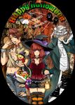  2boys amakusa_juuza animal_ears bad_id bad_pixiv_id basket breasts chiyu_ki cookie food frills halloween happy_halloween hat large_breasts multiple_boys red_hair silver_hair skirt thighhighs trick_or_treat umineko_no_naku_koro_ni ushiromiya_ange ushiromiya_battler witch_hat 