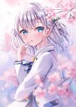  1girl blue_eyes blurry blurry_background blurry_foreground blush branch cherry_blossoms commentary_request depth_of_field flower grey_hair hand_up highres jacket long_sleeves looking_at_viewer looking_to_the_side original parted_lips petals pink_flower railing sakura_hiyori solo upper_body white_jacket 