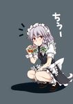  bad_id bad_pixiv_id blush braid cirno drinking highres izayoi_sakuya maid maid_headdress opagi red_eyes short_hair silver_hair solo squatting touhou twin_braids 