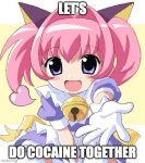  1girl animal_ears apron between_legs blush_stickers cat_ears cat_girl colinarmis commentary dress english_text gloves hair_intakes hand_between_legs heart impact_(font) let&#039;s_take_ibuprofen_together_(meme) meme miracle-chan open_hand open_mouth original pink_hair puffy_short_sleeves puffy_sleeves purple_dress purple_eyes reaching reaching_towards_viewer short_sleeves smile solo twintails waist_apron web_address white_gloves 