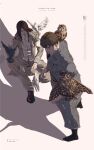  2boys absurdres alternate_costume animal_on_shoulder bird bowl_cut brown_hair eren_kruger eren_yeager facial_hair from_above full_body goatee_stubble highres long_hair male_focus mature_male mimi_(61743952) multiple_boys owl shadow shingeki_no_kyojin short_hair sitting stubble suit time_paradox tsurime 